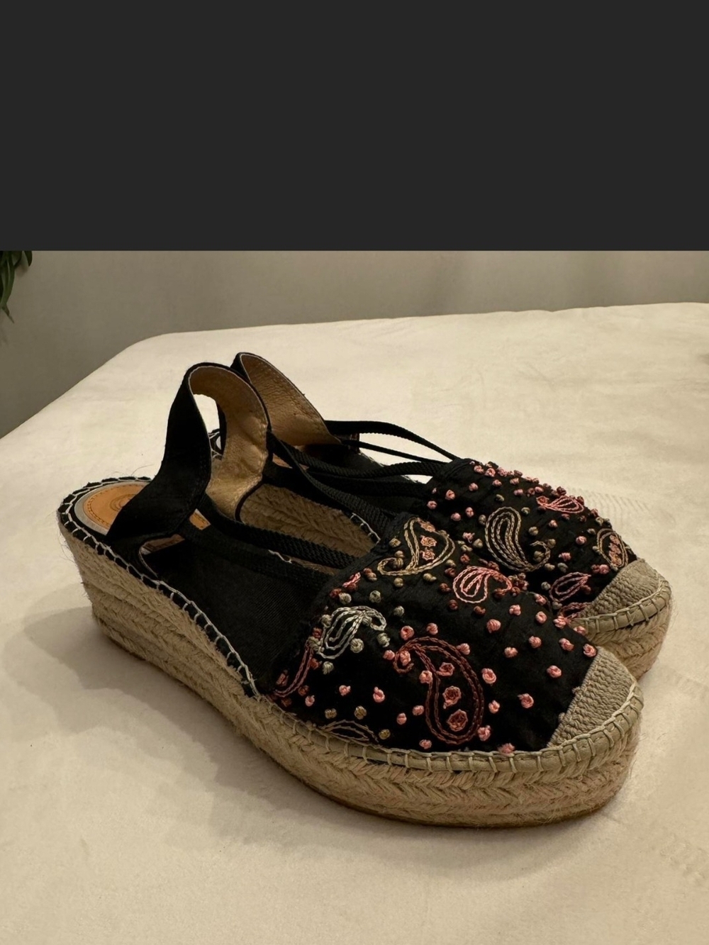 Navy Embroidered Slingback Espadrille Wedges